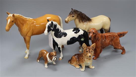 Three Beswick horses and a Beswick corgi, bulldog and a Doulton Red setter